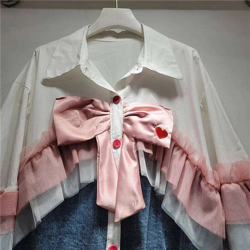 WTHT Fashion Women's Spliced Bows Mesh Edge Denim Jacket 2025 Spring Trendy Lapel Long Sleeves Loose Coat Female 1LS951