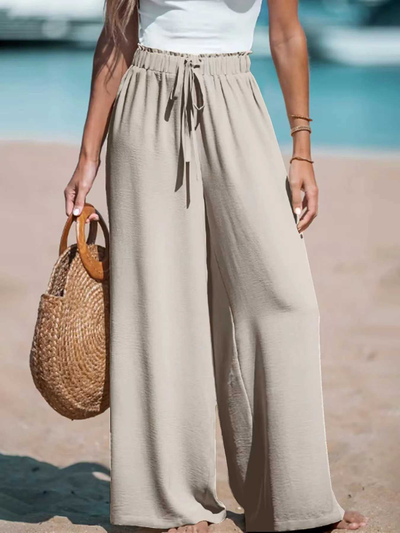 2025 New Spring Summer Baggy Pants Fashion Women Solid Oversized Drstring Wide Leg Pant Casual Office Lady Ele TrousersXJ250616