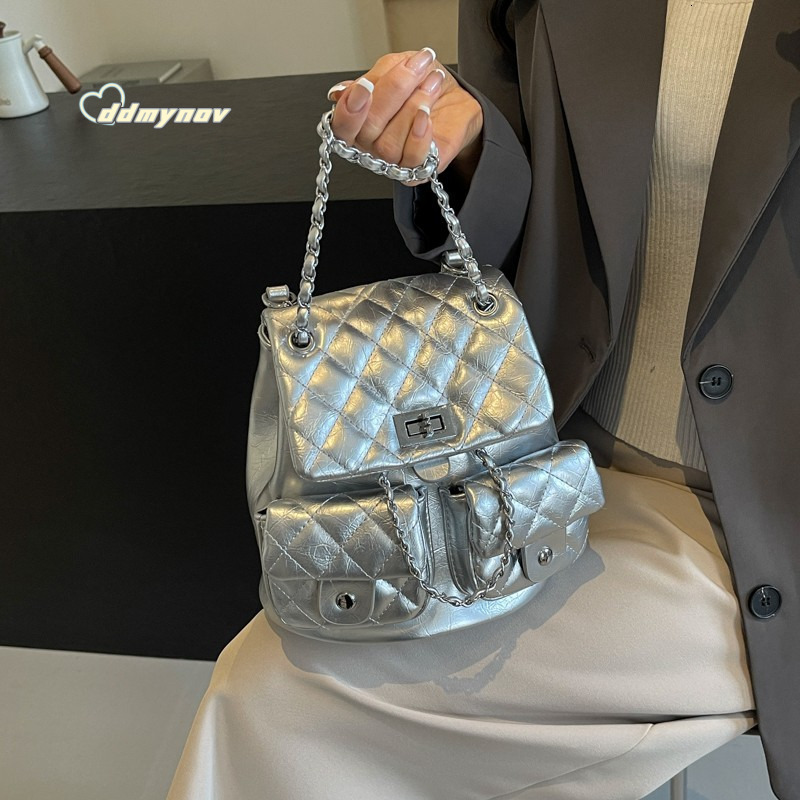 Single Shoulder for Female Students, Travel Solid Color Double Pocket Lock Small Backpack, Quilted Simple Bag ddmynov