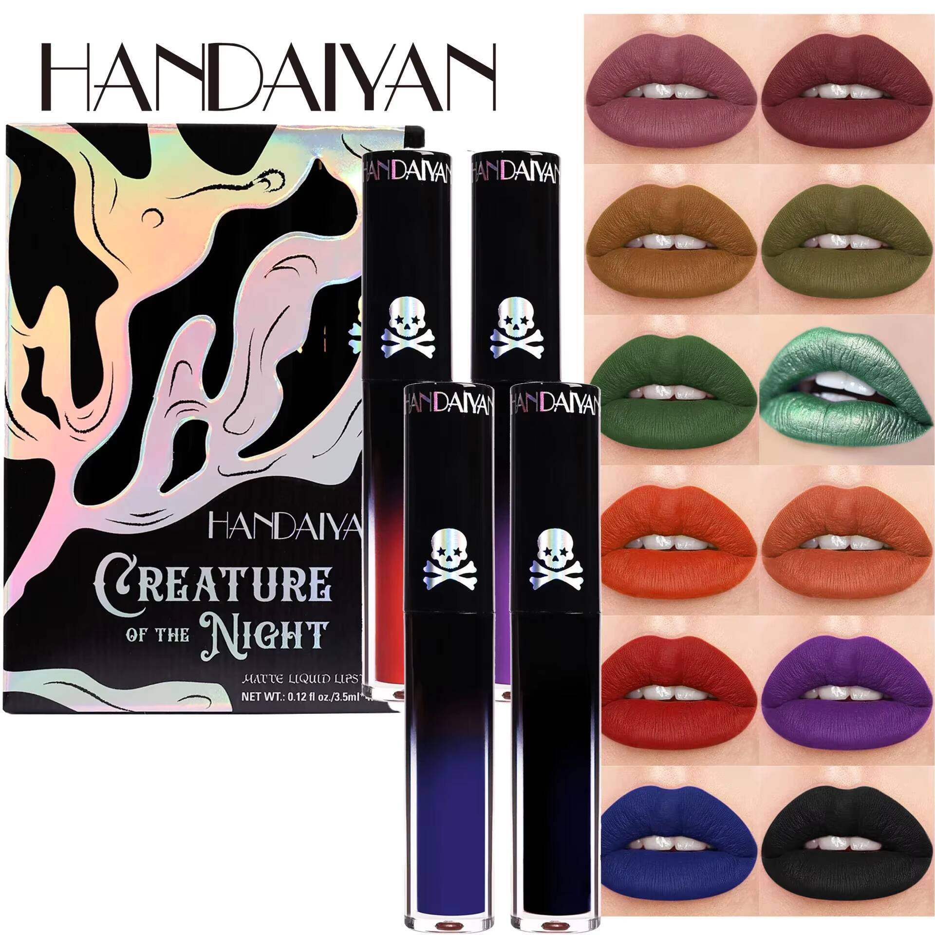 4pcs Matte Lipstick Set Waterproof Sexy Green Purple Black Gloss Shiny Tint Halloween Lip Makeup Tool Korean Cosmetics happy