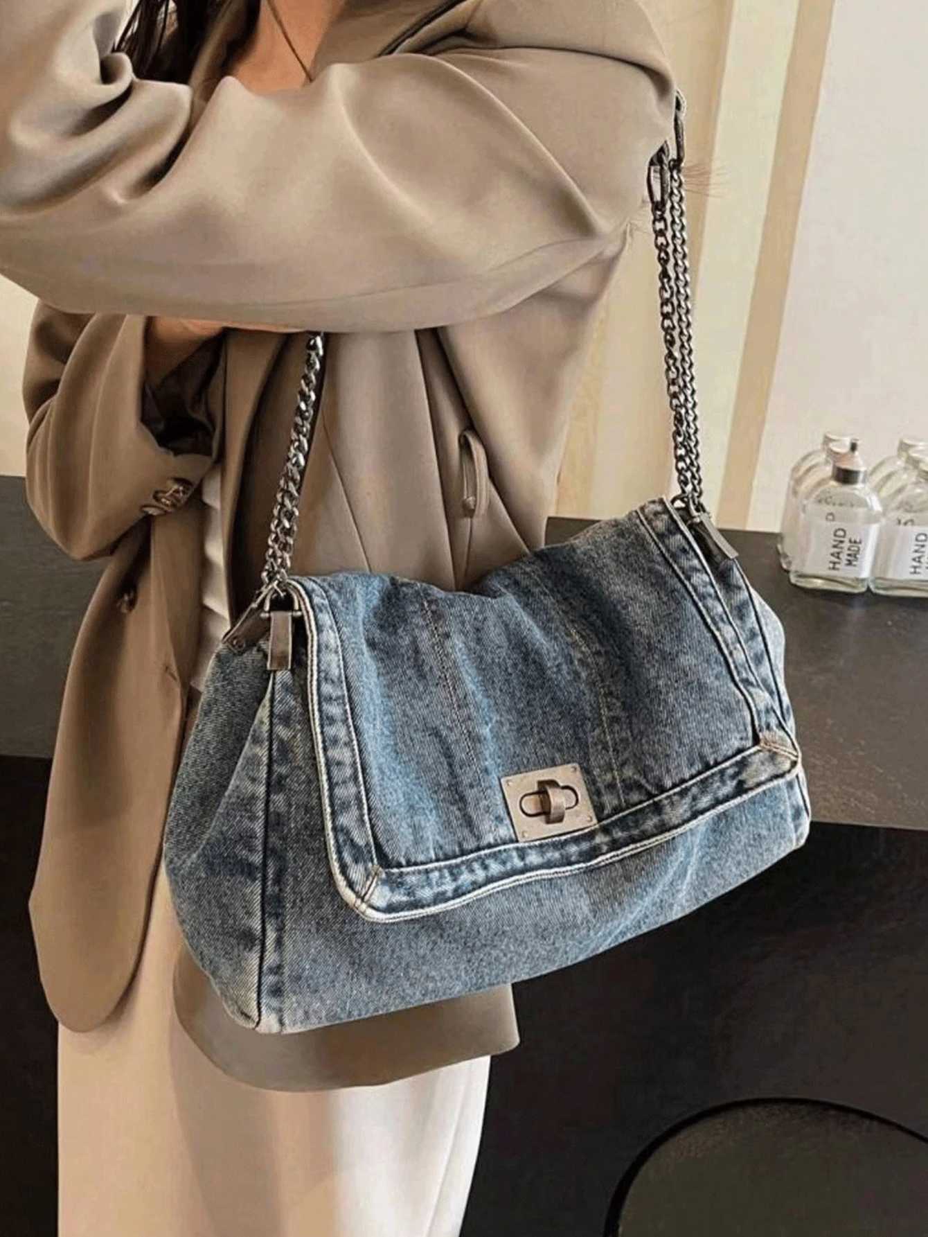 Denim Tote Bag with Metal Buckle and Chain Strap Deep Blue Light Blue Black Vintage Stitching Design for Women Non-Adjustable Small XJ2520616