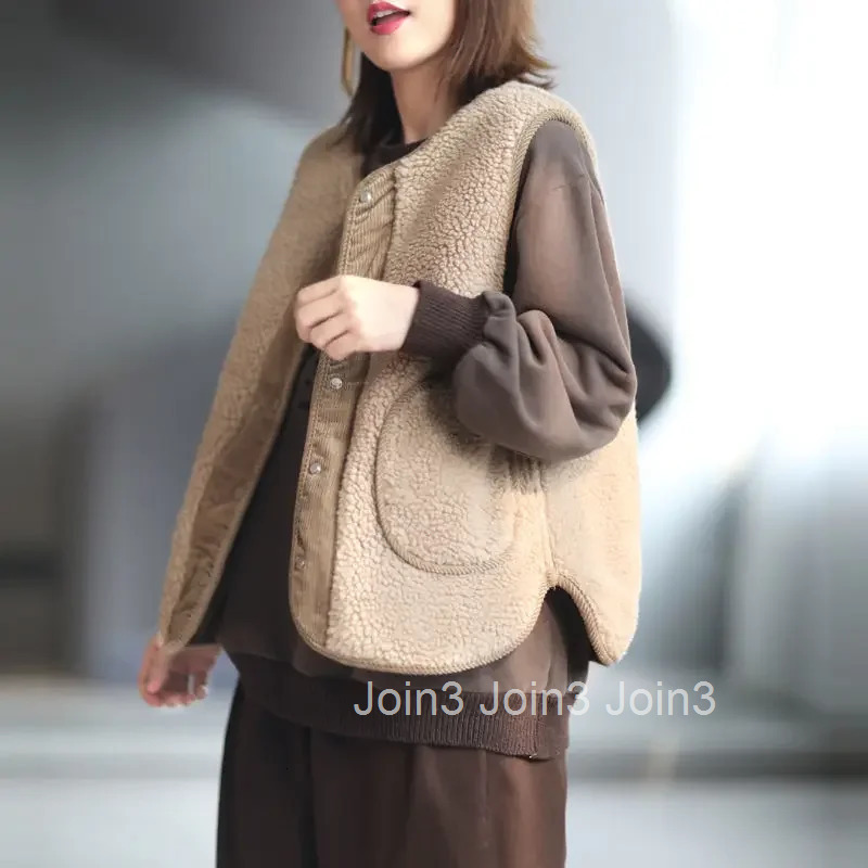 Warm Lady Lamb Plush Giletes Splicing Cold Demi-season Youthful Trend 2025 Womens Vests Autumn Lightweight Padded Sleeveless
