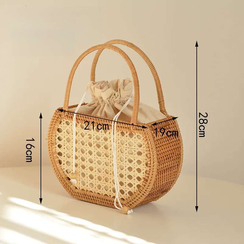 Casual Hollow Rattan Basket Bags Wicker Woven Women Handbags Handmade Summer Beach Straw Small Bucket Bag Bali Tote Purses