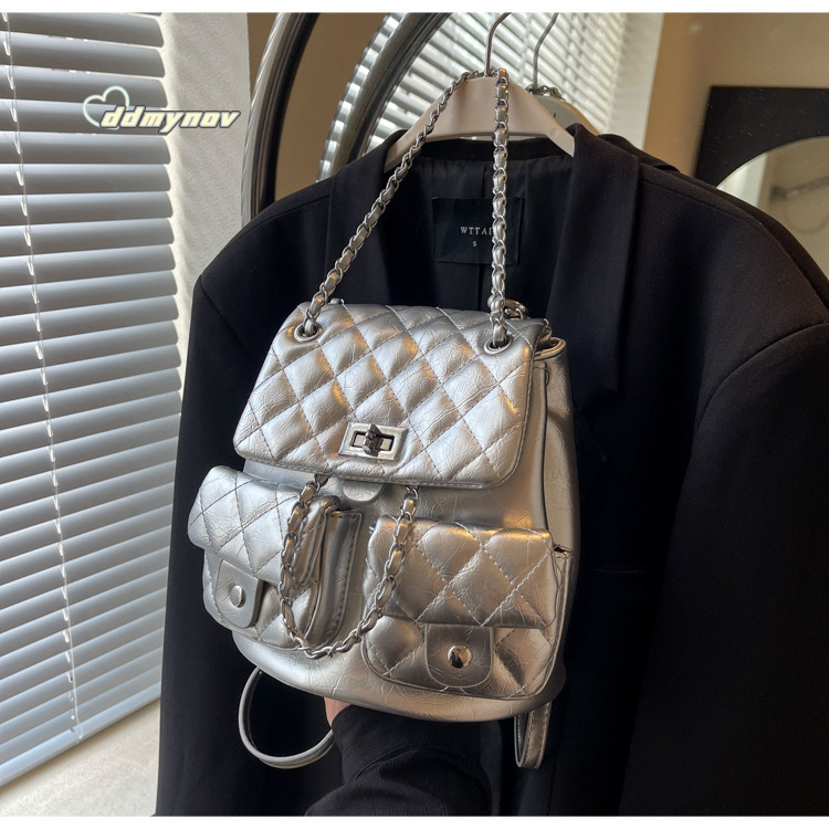 Single Shoulder for Female Students, Travel Solid Color Double Pocket Lock Small Backpack, Quilted Simple Bag ddmynov