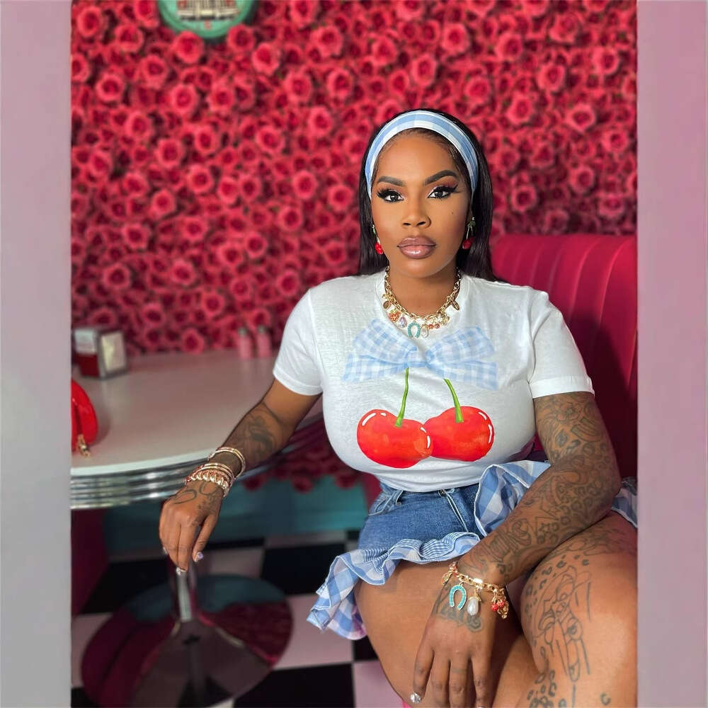 New Casual Versatile Street Style Girl Printed Elastic Round Neck Short Sleeve Simple Top T-Shirt B5