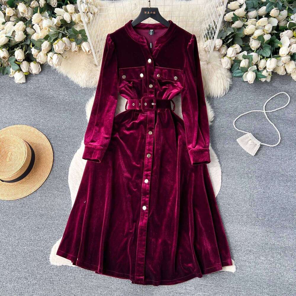 Autumn Vintage Solid Veet for Women Winter V-neck Long Sleeve Belts Slim A-line Midi Dress Robes Femme