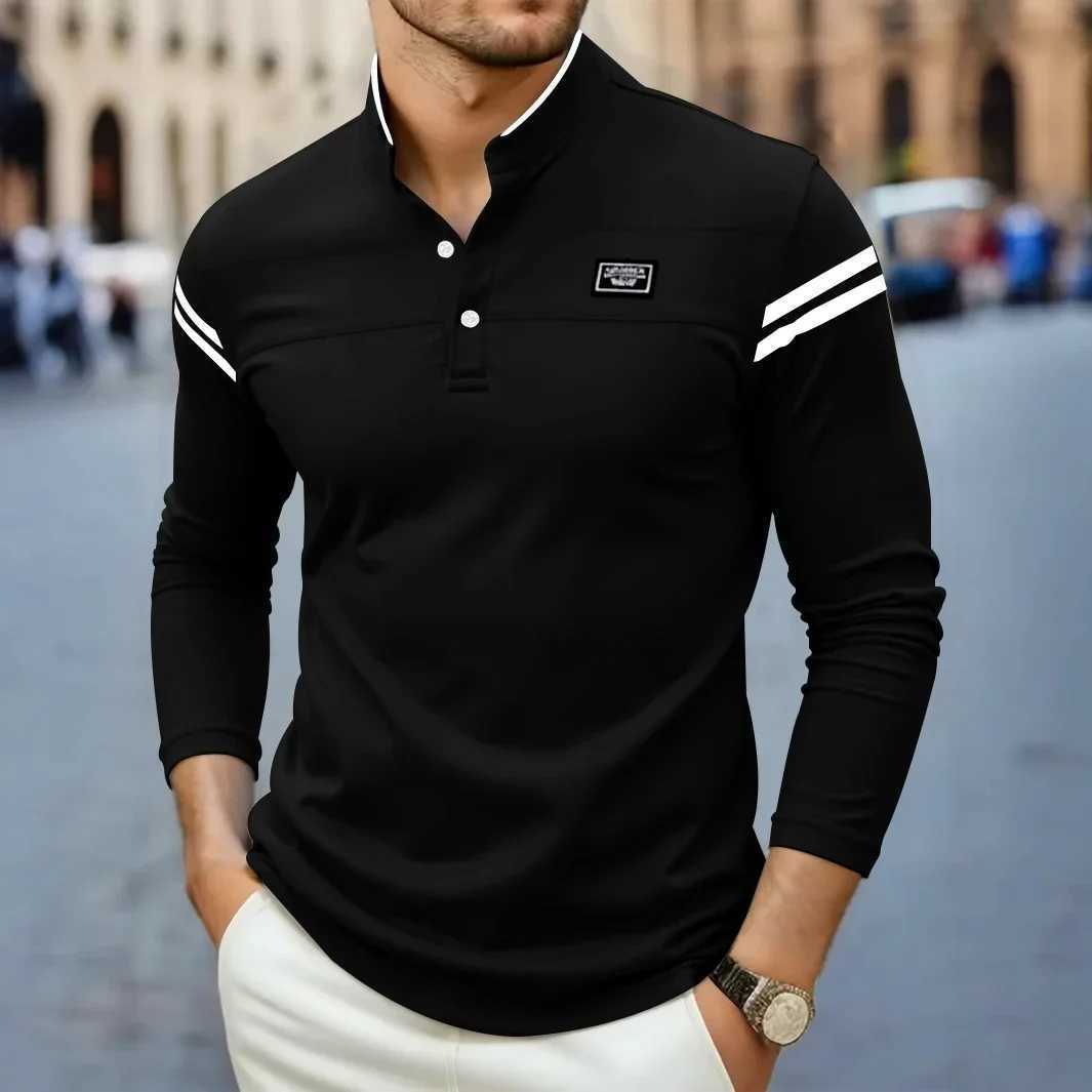 2025 New Mens Casual Fashion Solid Color Long Sleeve Polo Shirt Stand Up Collar Versatile Comfortable Top W250616