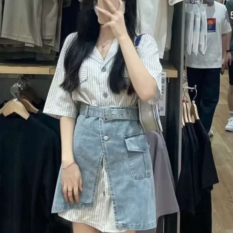 Short Sleeve Mature Skirt Womens Two Piece Set Slit Denim Y2k Clothes Formal Event New in The Same Stylish Full Female Outfits