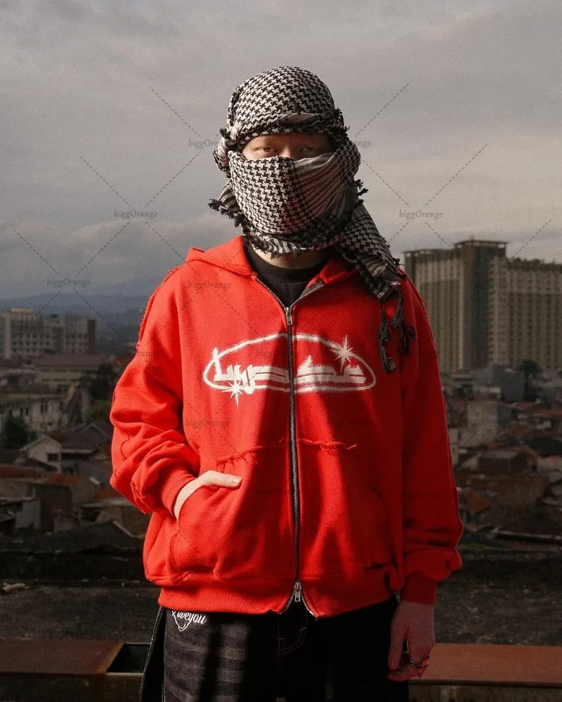 American Style Stylish Letter Pattern Casual Loose Zipper Hoodie Men Street Hiphop Retro Harajuku Oversized Sweatshirt 250612