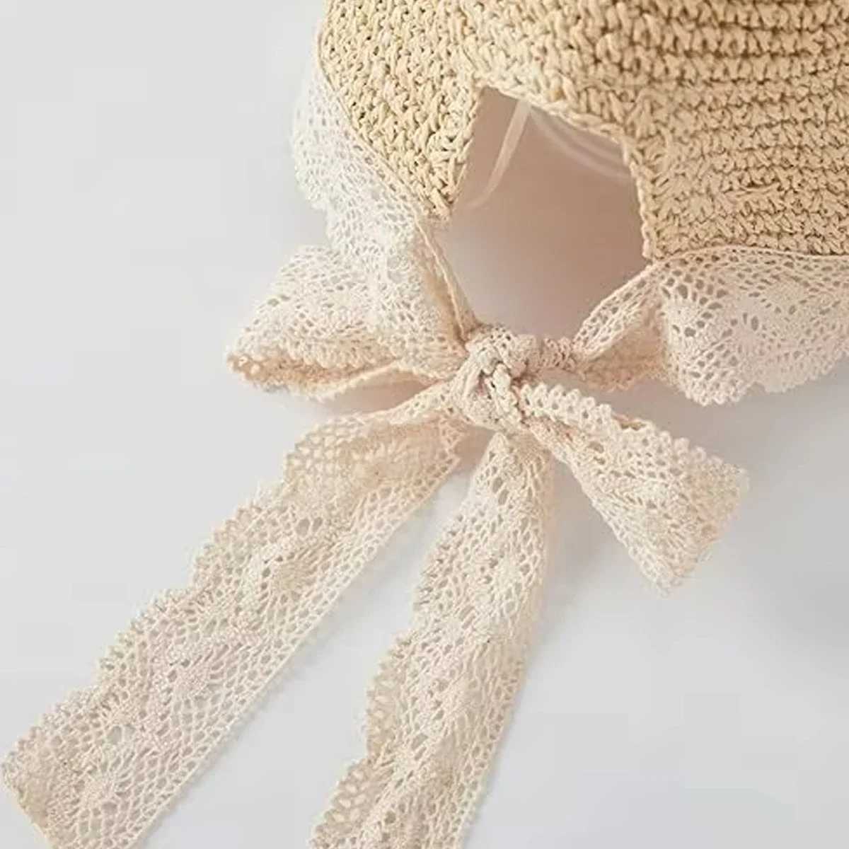 Womens Summer Panama Straw Hat Anti-UV Wide Brim Sunshade with Lace Ribbon And Ponytail Hole for Beach Travel Outdoor Fashion M250616