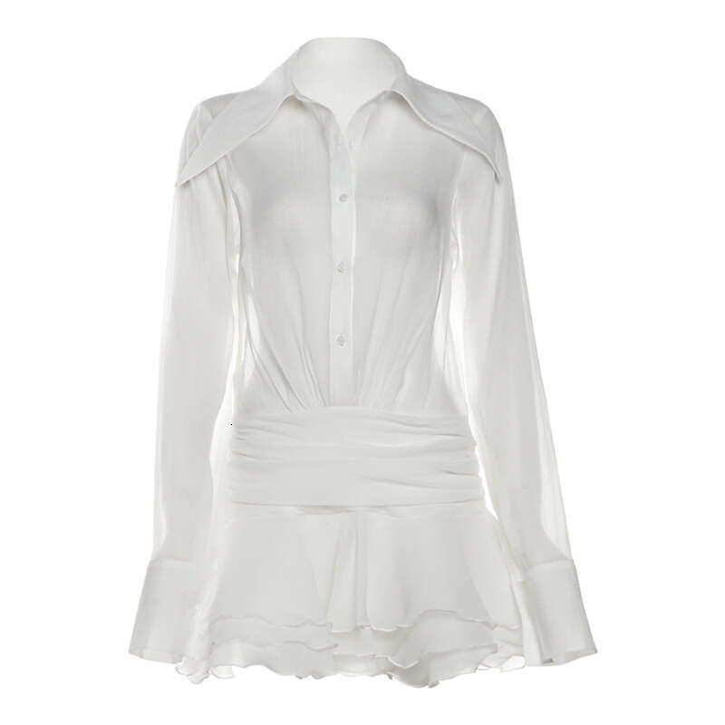 European and American Spring Trend Design Women's V-neck Turn-down Collar Bell Sleeve Sheer Slim Fit Dress 2025 New Casual Versatile Fashion Clot