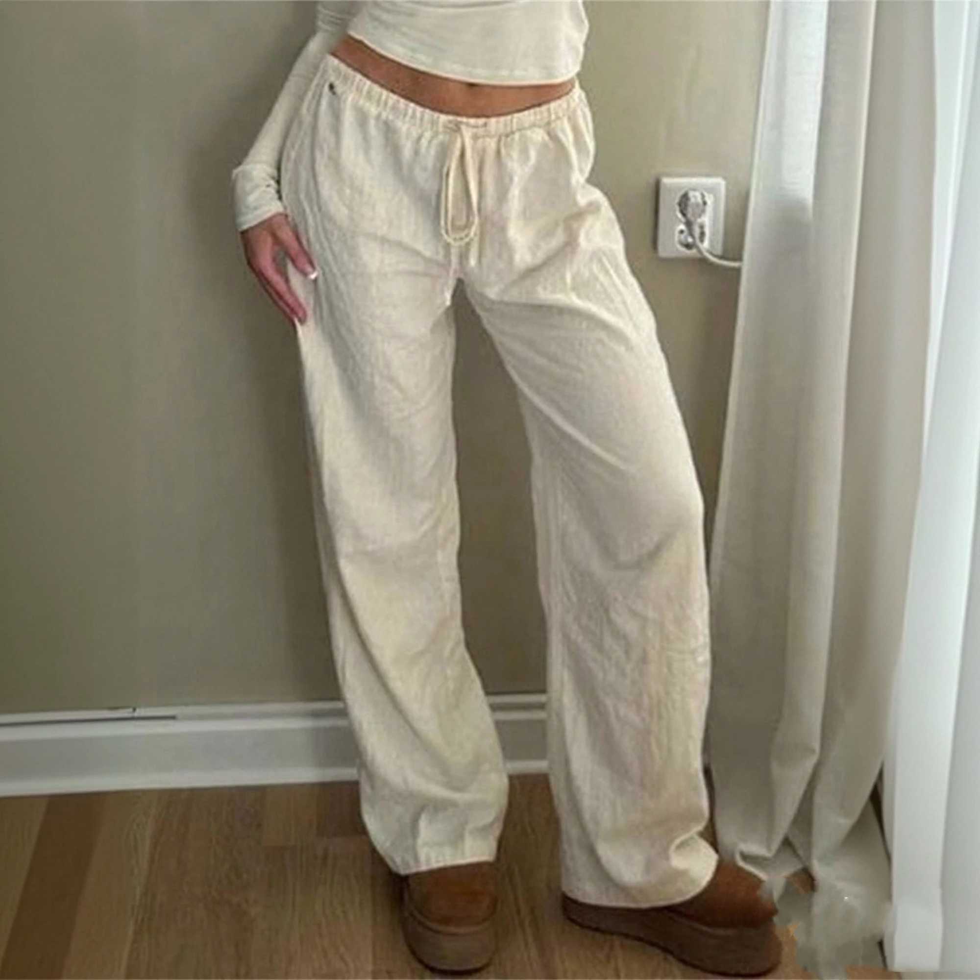 Women Summer Drawstring Straight Pants Solid Elastic Waist Wide Leg Pant Fashion Simple Trousers Lady Casual Street Wear XJ250616