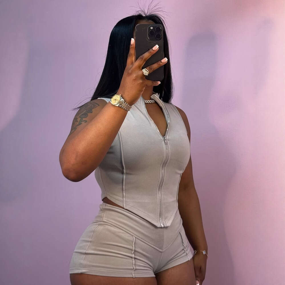 New Women's Sexy Fashion Sleeveless Zipper V-Neck Tube Top High-Waisted Shorts Set B5