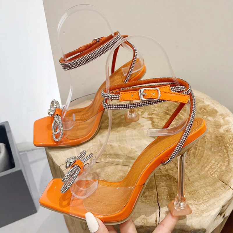 Party Wedding Sandals for Women Fashion Crystal Diamond Bow High Heel Transparent Shoes for Women High Heels 250610