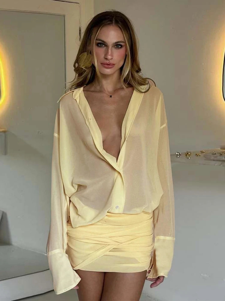 Weird Puss Ruched See Through Dress Women Patchwork Single-Breasted Full Sleeve Bandage Tassel Trend Streetwear Mini Bodycon 250614