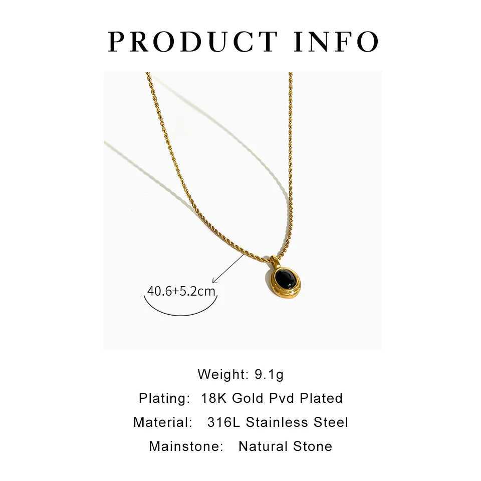 GHIDBK Stainless Steel 18K Gold PVD Plated Black White Gem Stone Oval Pendant on Twist Rope Chain Necklace Stacking Jewelry W250616