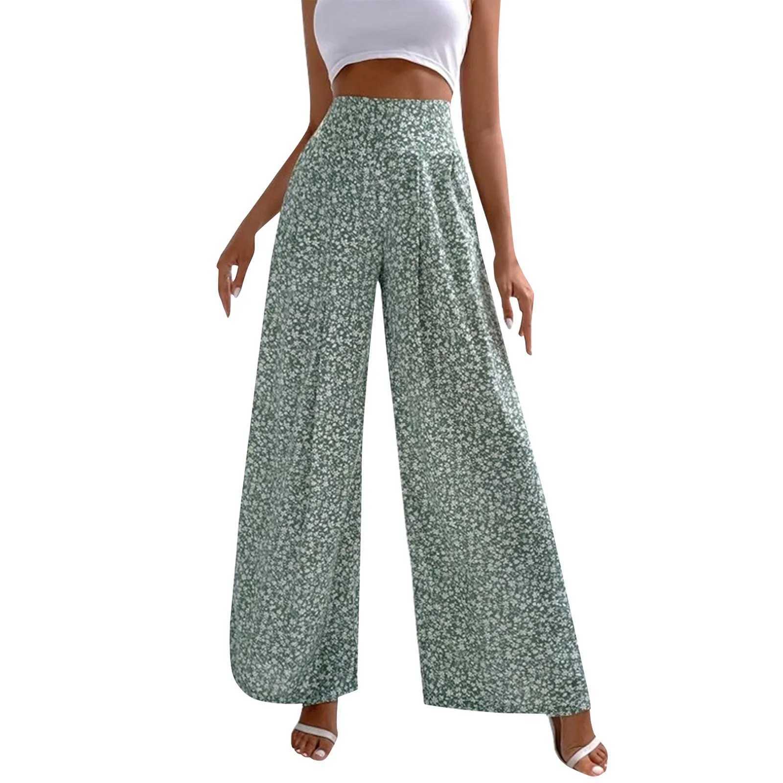 New Floral Printed Fashion Wide Leg Nine Length Trousers For Fe Summer Daily Loose Elastic High Waist Lighweight Long PantsXJ250616