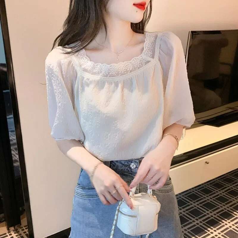 With Puffy Sleeves White Formal Crop Shirts Blouses for Women Office Outfits Summer Woman Top Dress Wear To Work Modern Long M