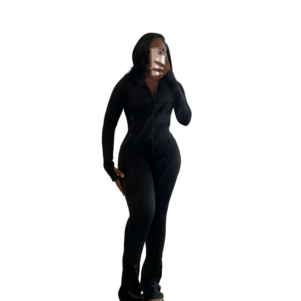 European and American Sports Casual Women's Clothing Source Sexy Tight Long Sleeve Flared Two-Piece Set 2025 New Elegant Unique Fashion