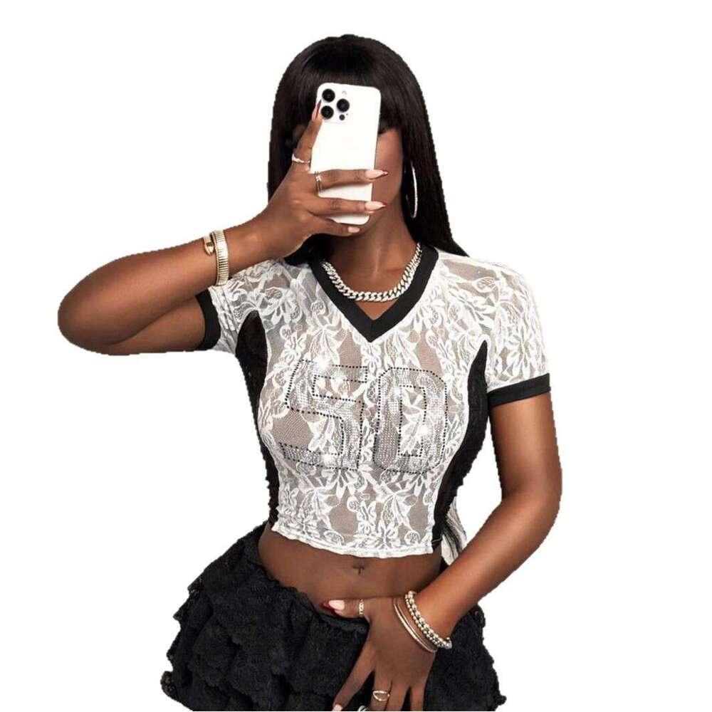 Summer Sexy Lace Mesh See-Through V-Neck Crop Top Short Sleeve T-Shirt B5