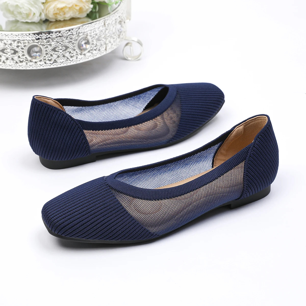 2025 Womens Flat Shoes Knitted Mesh Breathable Square Rubber Sole Anti slip Casual Comfortable Shoes 250613