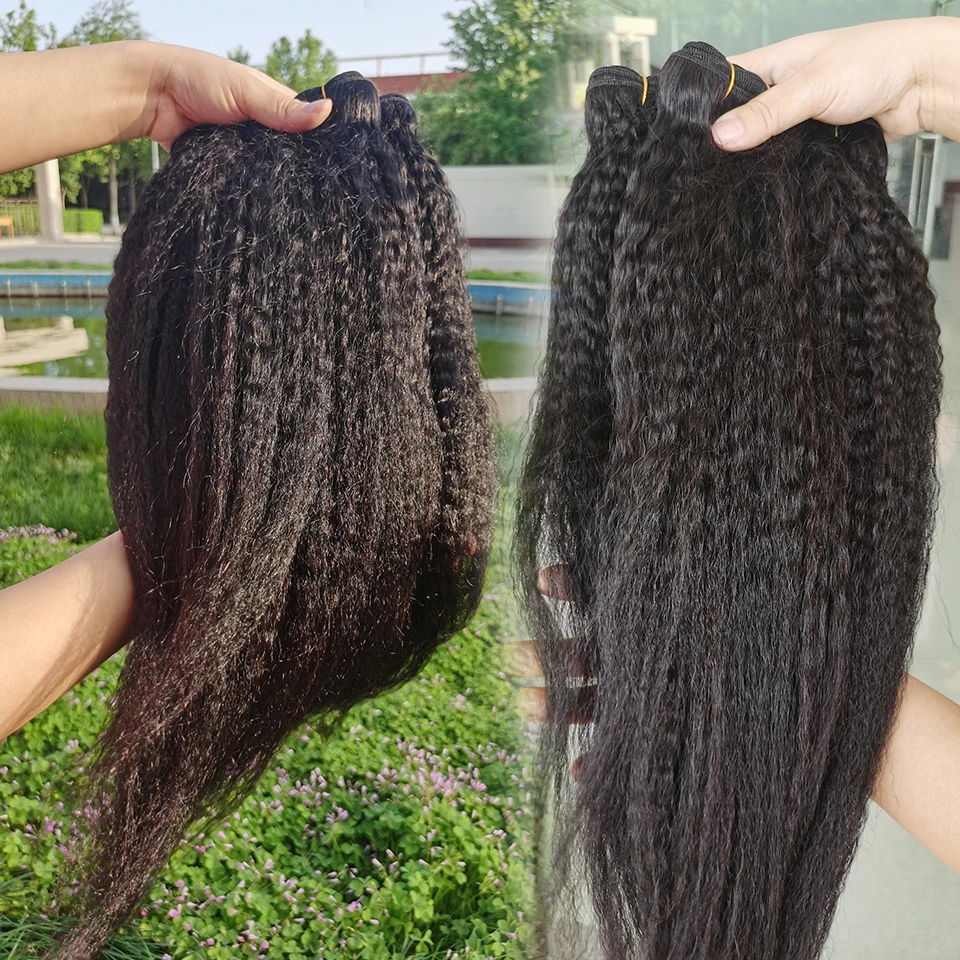 Kinky Straight Human Hair Bundels Brazilian Virgin 100% Unprocessed Yaki Straight Hair Double Weft Hair For Women Natural Color Yaki 1/3/4 Pcs Bundles