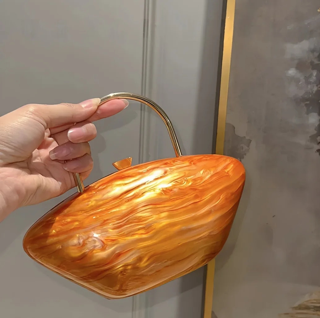 Pearl orange Marble Stylish Women Acrylic Evening Messenger Bag Designer Solid Shell Wedding Party Clutch Purse Dress bag 250614