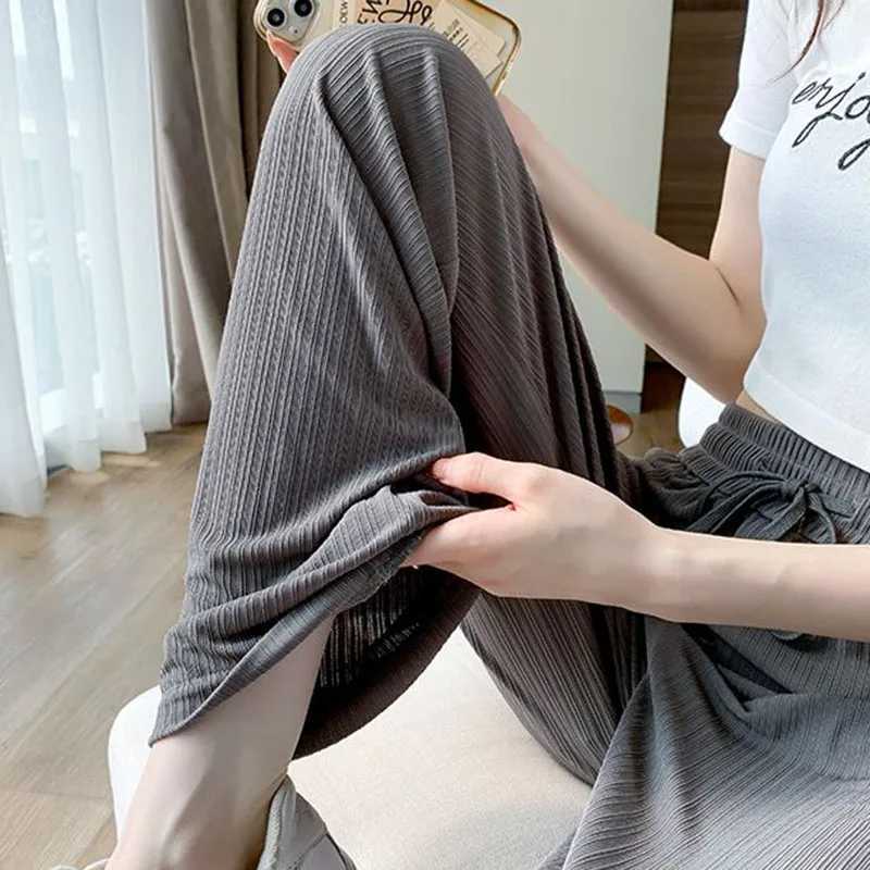 Summer Cool Ice Silk Straight Pants Women Fashion High Waist Wide Leg Trousers Fe Solid Sagging Feeling Baggy Casual PantsXJ250616