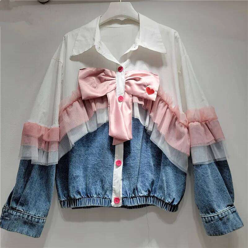WTHT Fashion Women's Spliced Bows Mesh Edge Denim Jacket 2025 Spring Trendy Lapel Long Sleeves Loose Coat Female 1LS951