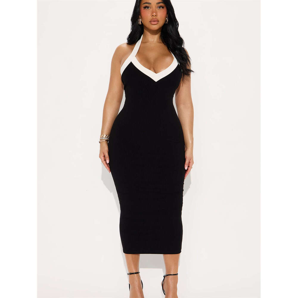 Summer New Women's Sexy Hot Girl Solid Color Halter Neck Backless Waist-Cinching Bodycon Dress B5