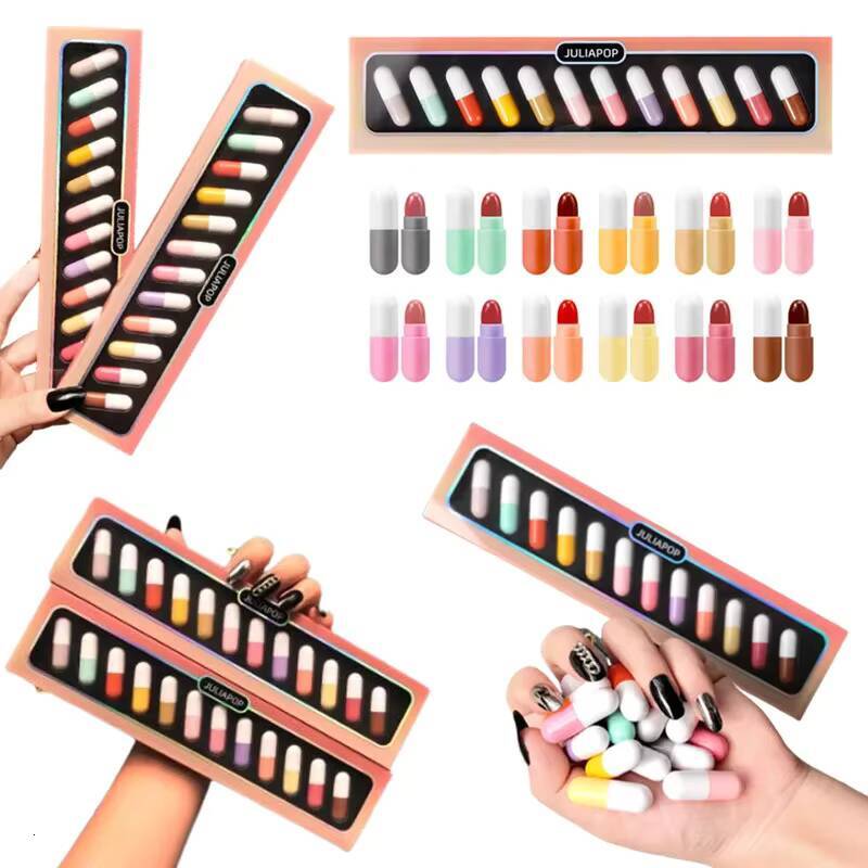 New Mini 12-color Capsule Set Waterproof Non-stick Cup Carry Pill Novelty Lips Makeup DIY Lipstick For Women happy