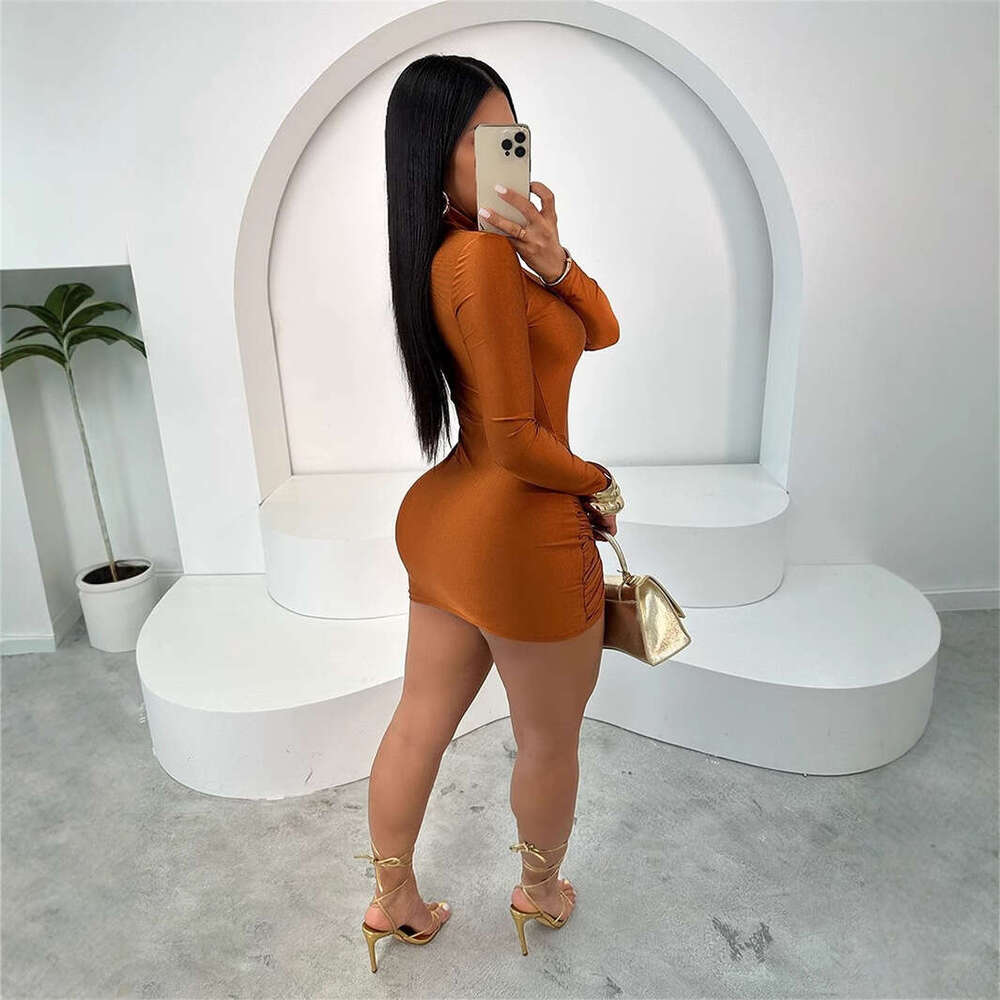 Autumn New Elastic Long Sleeve Tie Patchwork Slim Fit Sexy Solid Color Dress For Women B5