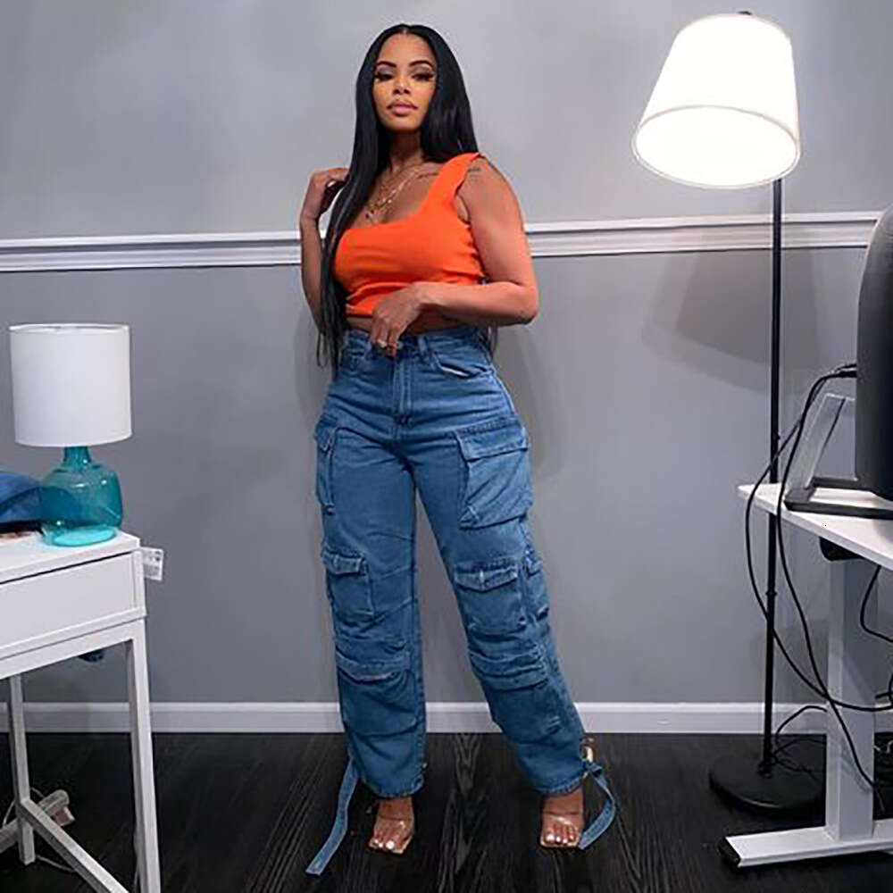European and American Style Women's Fashion Hot Trend Multi-Pocket Cargo Pants Plus Size African Jeans 2025 Elegant Versatile New Trendy Clothing