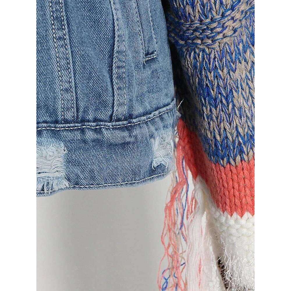 ROMISS Patchwork Knitted Denim Coats For Women Lapel Long Sleeve Hit Color Tassel Jackets Female Clothing Fashion Autumn 2024