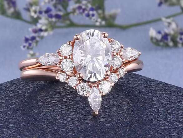 1 CT Oval Cut Rose Gold 925 Sterling Silver Moissanite Diamond Studded Bridal Promise Ring Set for Sale