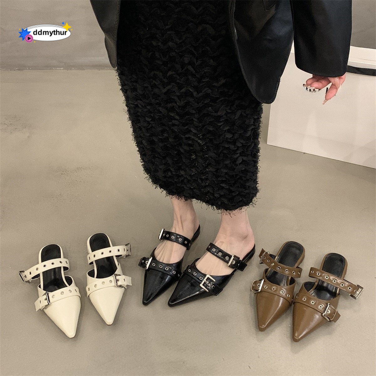 Chunky Heel Closed Mules for Women, New Spring/Summer 2025 Style, Pointed Toe with Belt Buckle, Black Single Shoes ddmythur