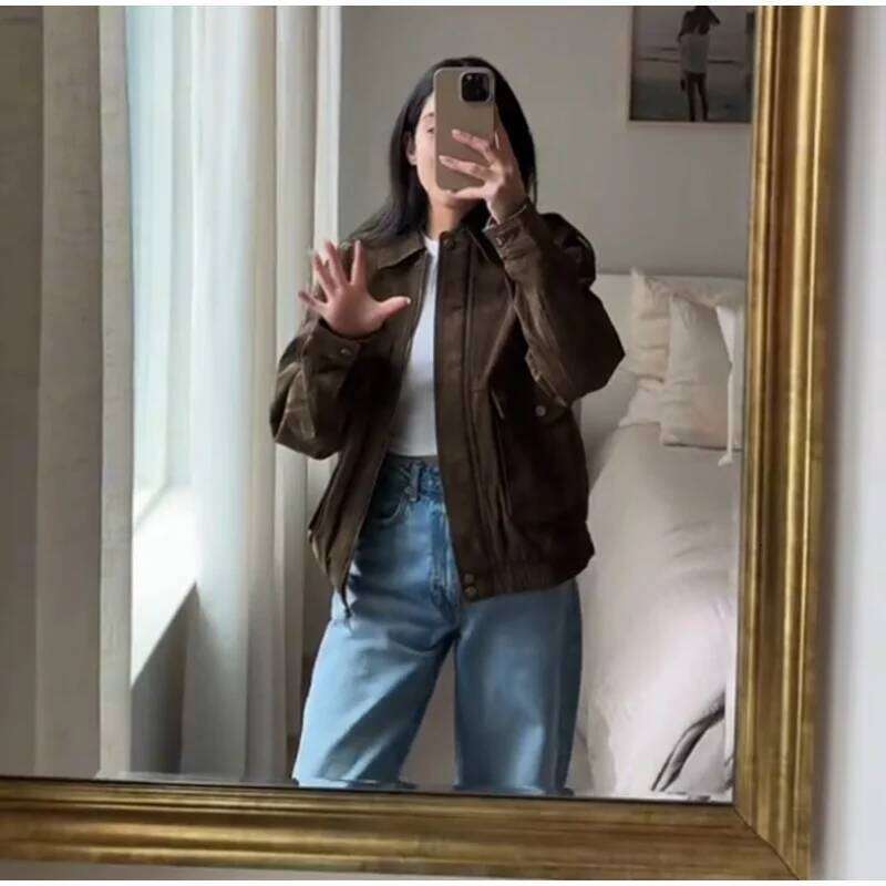 Autumn High Street Women's Coat Brown Big Pocket Long Sleeve Zipper Female Coats 2025 Fashion Turndown Collar Loose Lady Outwear