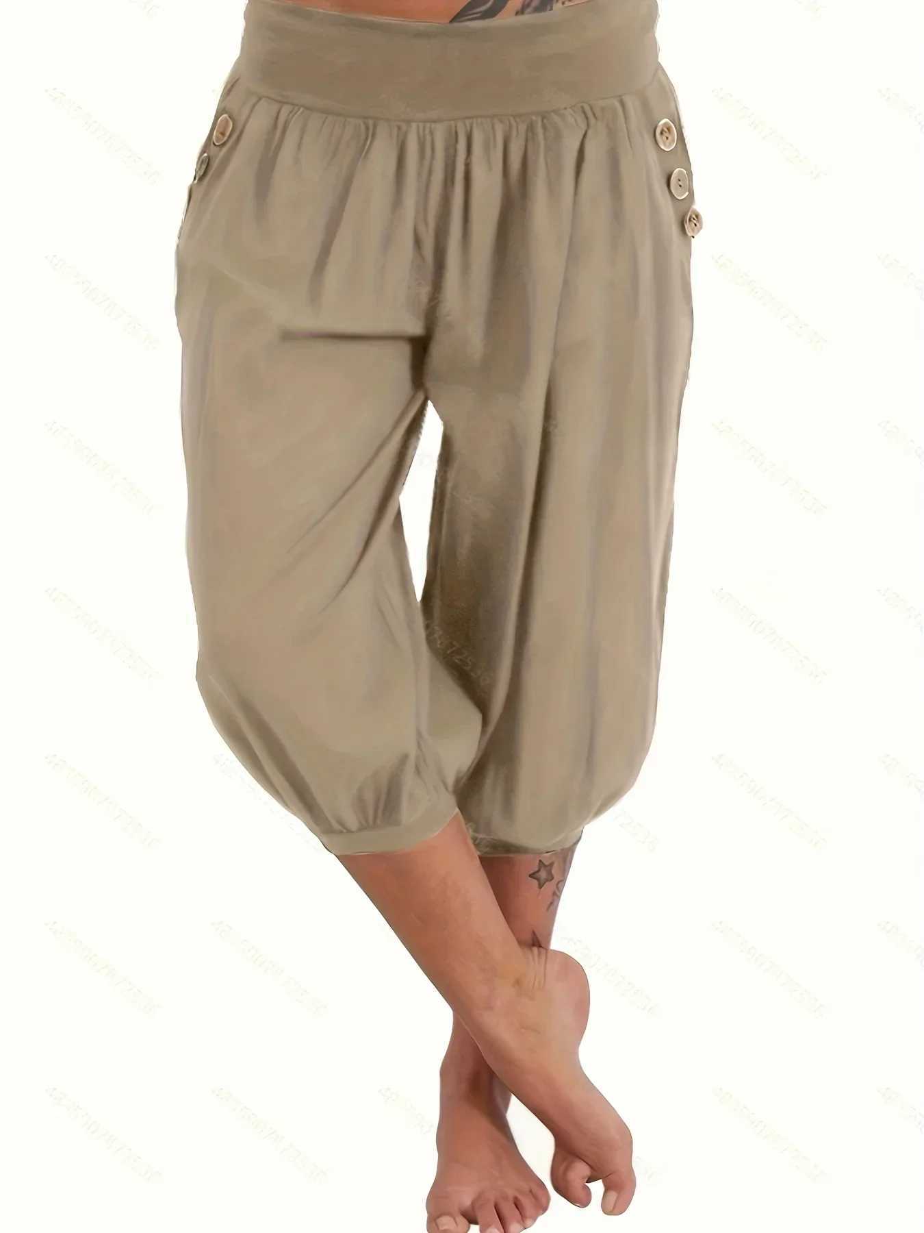 Womens Fashion Plus Size 1XL-5XL Solid Color Button Pocket Loose Capri Casual Loose Comfortable Bloomers XJ250616