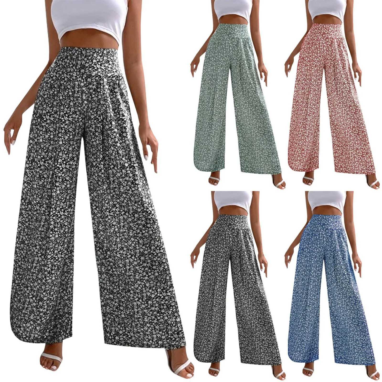 New Floral Printed Fashion Wide Leg Nine Length Trousers For Fe Summer Daily Loose Elastic High Waist Lighweight Long PantsXJ250616