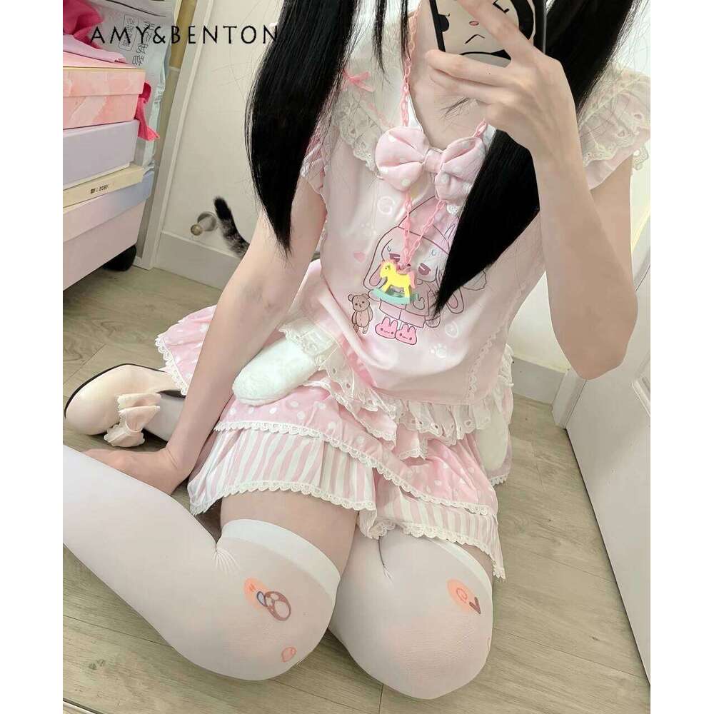 Kawaii Girl Sets Original Sweet Cute Cartoon Print Lace Navy Collar Sleeveless Top Multi-Layer Tutu Skirt Two-Piece Set