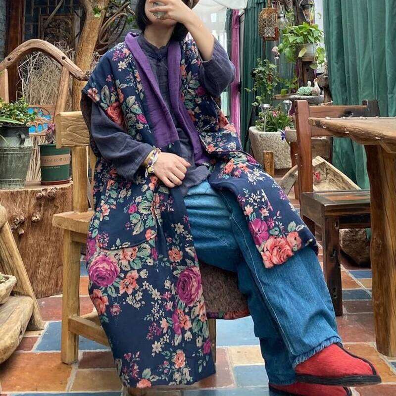 Johnature Women Cotton Print Floral Long 2024 Winter Vintage Coats Chinese Style Sleeveless V-Neck Patchwork Pocket Vests