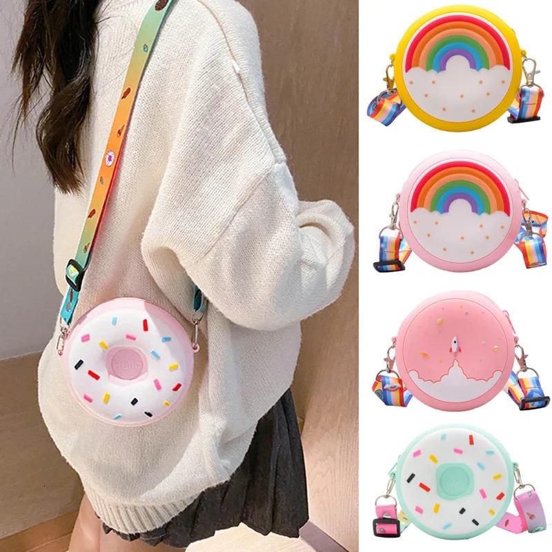 Round Donut Crossbody Bag Child Girl Children Shoulder Adjustable Strap Vacation Travel Rainbow Printed Pocket Package 250615