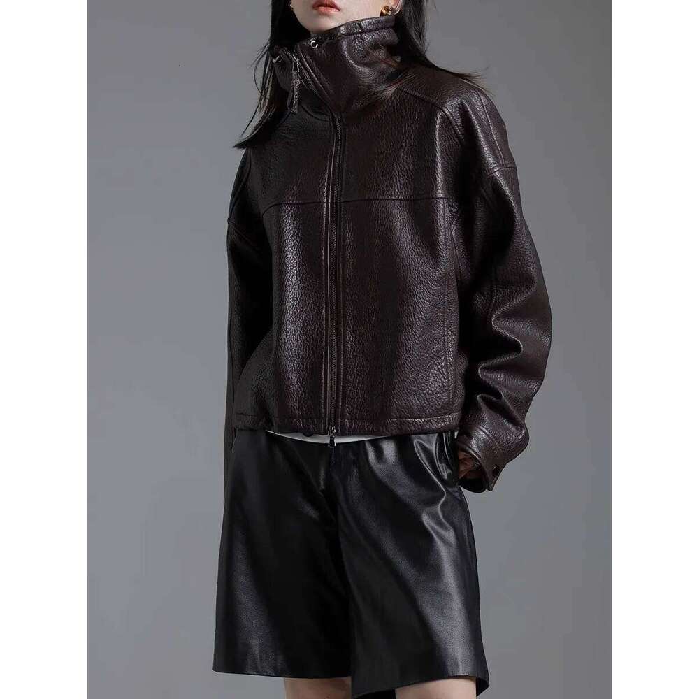 Lautaro Spring Autumn Cool Waterproof Short Brown Pu Leather Jacket Women with Long Raglan Sleeve Zip Up Designer Clothes