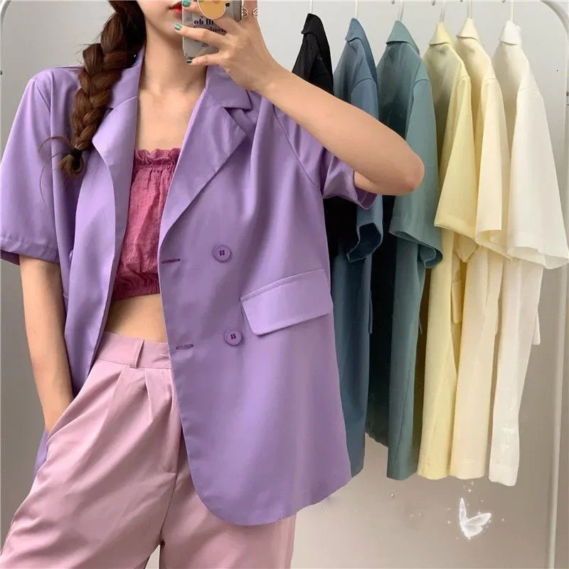 SMVP 2025 Womens Summer Short-sleeved Jacket Casual All-match Loose Double-breasted Blazers Coat Woman Korean Chic White Blazer 250614