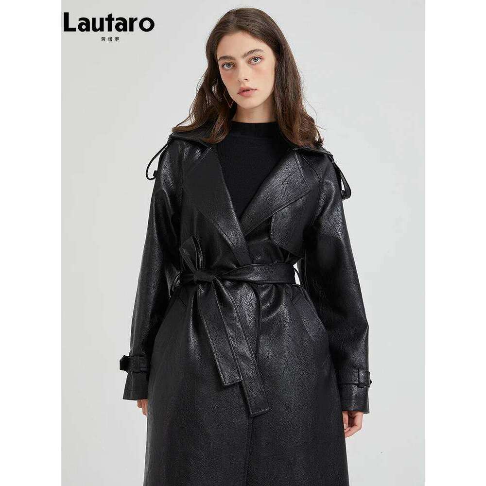 Lautaro Spring Autumn Extra Long Brown Pu Leather Trench Coat for Women Sashes Chic Overcoat Runway European Fashion