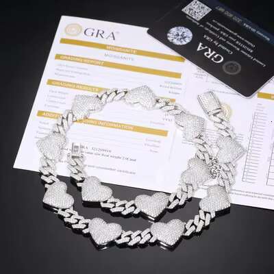 Unisex 925 Sterling Silver Hip Hop Jewelry Necklace Iced Full Moissanite Heart Cuban Chain Passes Diamond Test for Men Women