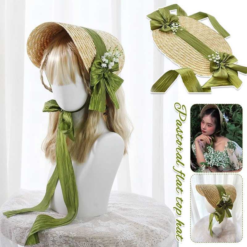 New Arrival Women Victorian Wedding Tea Party Bonnet Handmade Lolita Retro Green Flower Bow Beach Sun Straw Weaving Hat French Pastoral Cap U250616