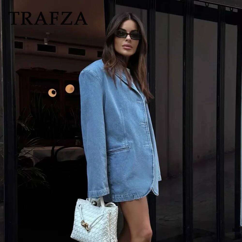 TRAFZA 2024 Spring Summer Casual Women Denim Fashion Vintage Solid Shrug Loose Single Breasted Chic Ladies Blazers