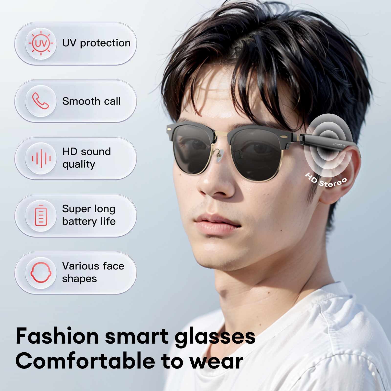 HYUNDAI Smart Glasses Earphones HD Call Classic Style Sunglasses UV Protection Trend For Outdoor 2025 New UF-C8 Ultra