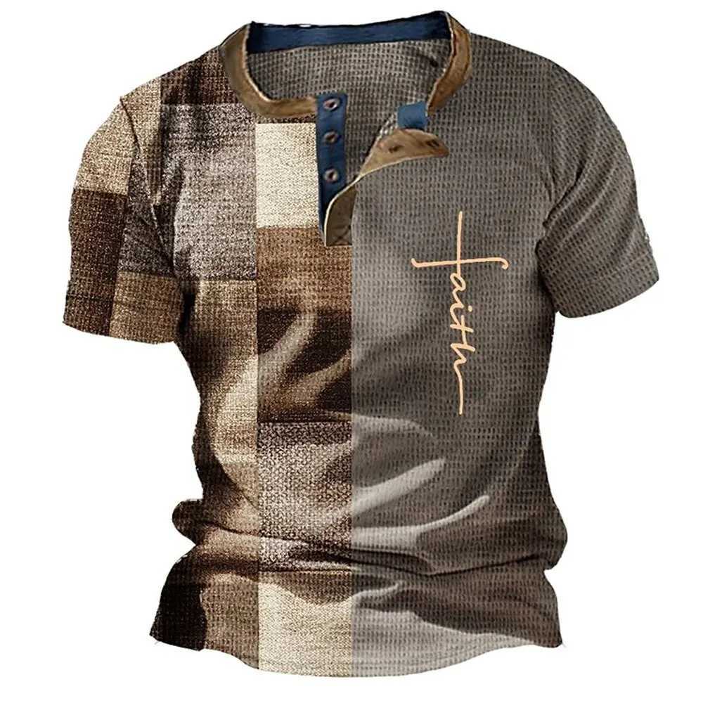 Fashion Henley Shirts 3D Color Splicing Print T-Shirts Casual Comfortable Loose Short Sleeve Tops Summer Street Vintage Clothes W250616